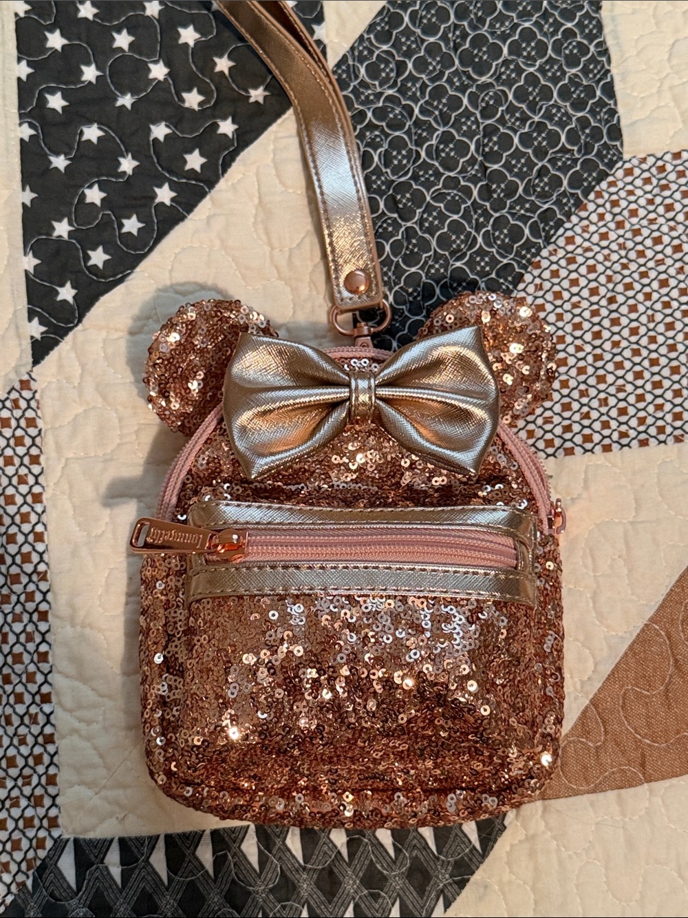 Loungefly Sequin Minnie Ear Wristlet Bag in Rose Gold